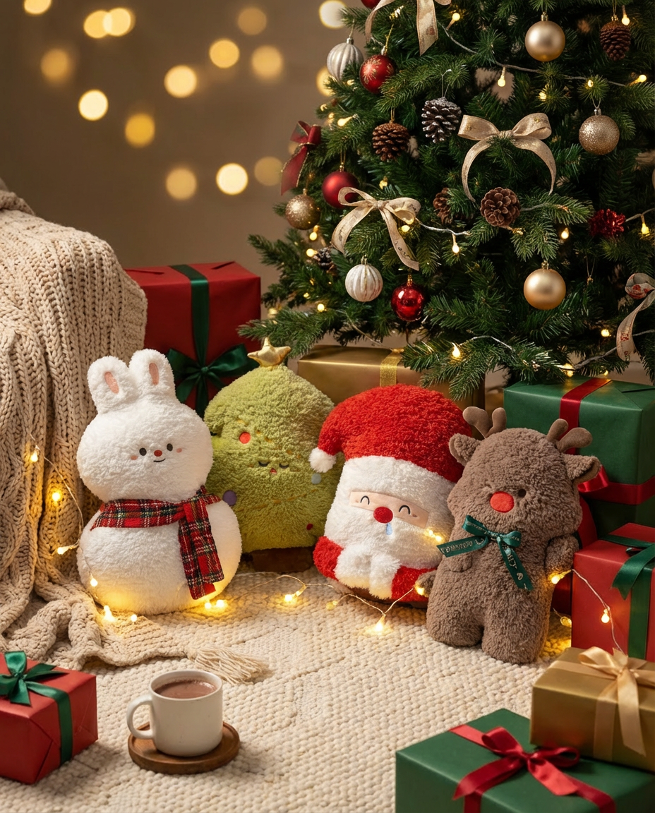 Christmas Plush Pillow Decor – Santa, Christmas Tree, Reindeer & Bunny Cushions