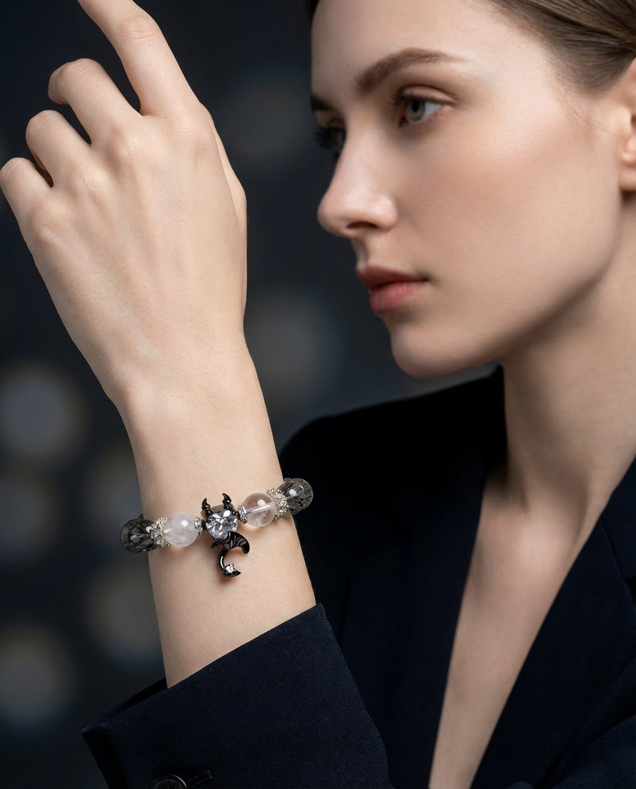 Devil’s Heart Bracelet – White Phantom Quartz & Gray Moonstone