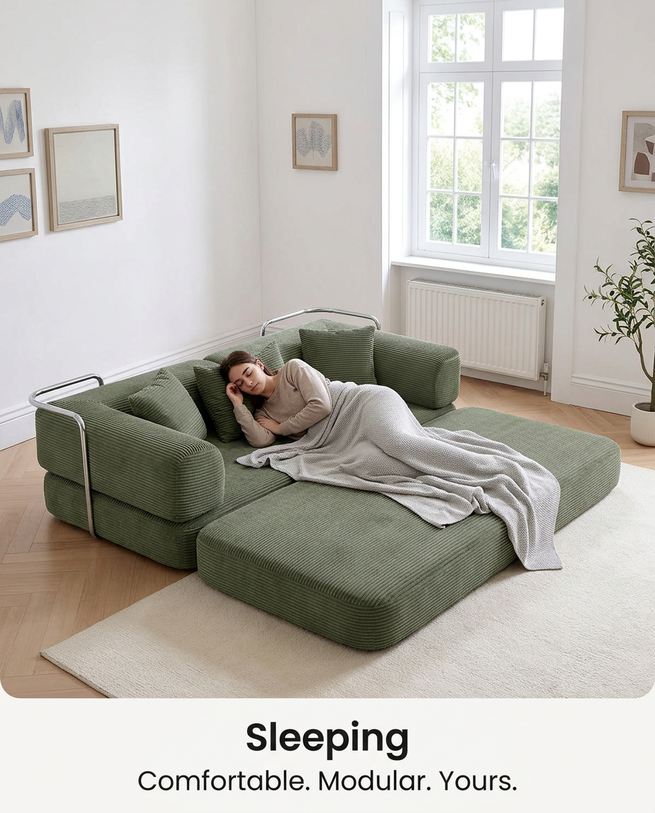 Olive Corduroy Modular Lounge Sofa Bed