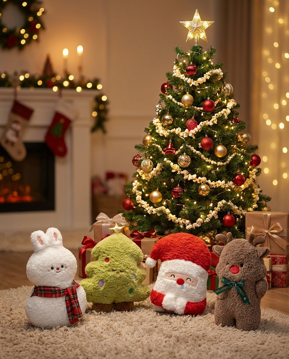 Christmas Plush Pillow Decor – Santa, Christmas Tree, Reindeer & Bunny Cushions