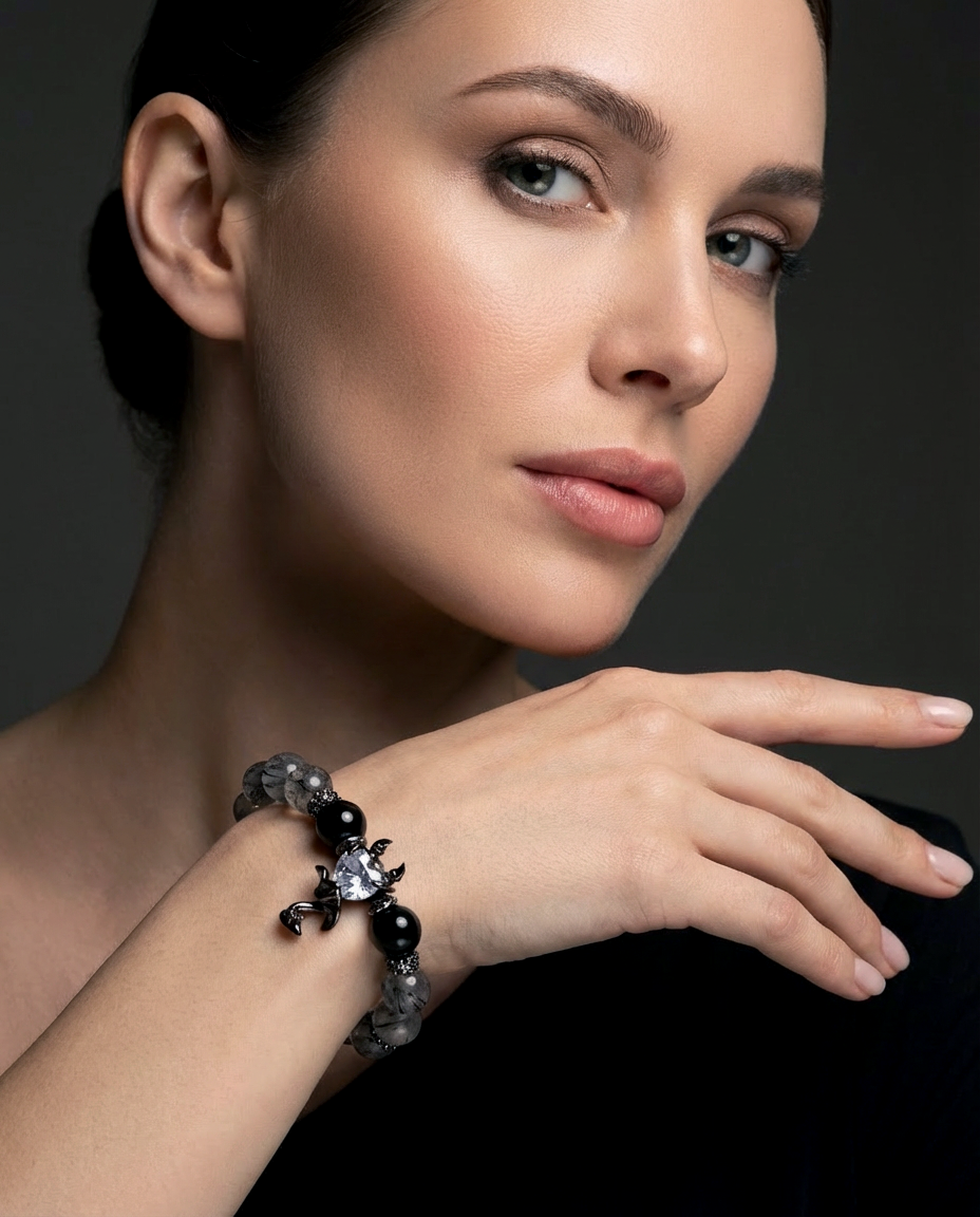 Devil’s Heart Bracelet – Obsidian, Gray Moonstone & Black Rutilated Quartz