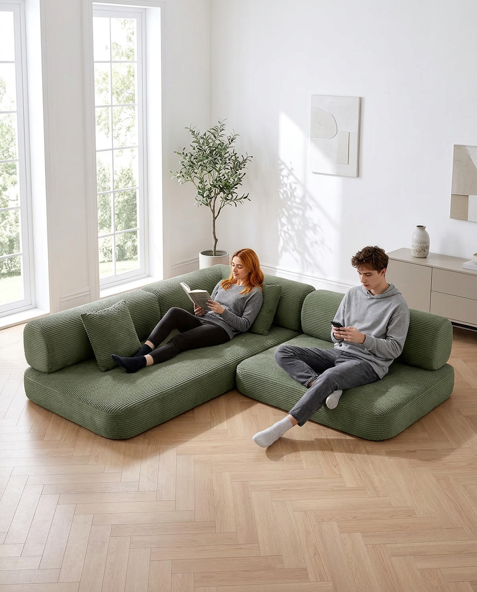 Olive Corduroy Modular Lounge Sofa Bed