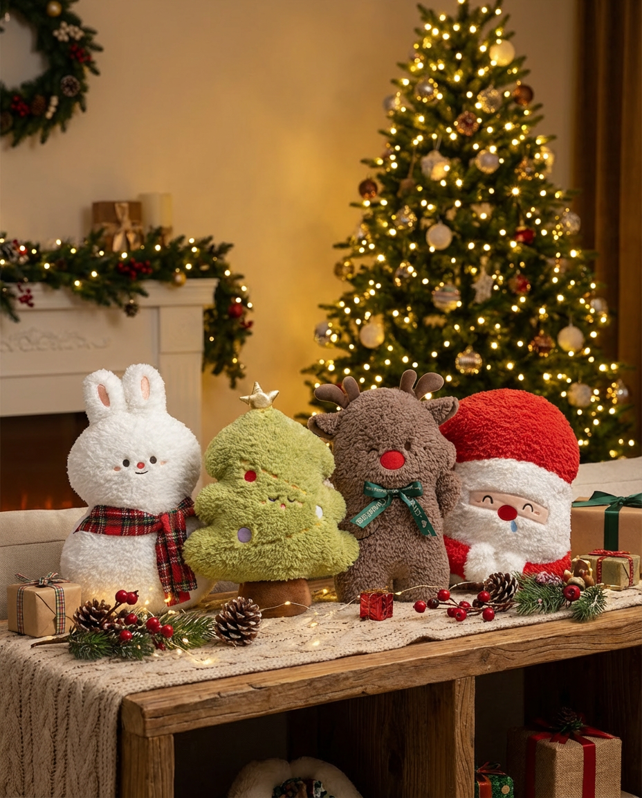 Christmas Plush Pillow Decor – Santa, Christmas Tree, Reindeer & Bunny Cushions