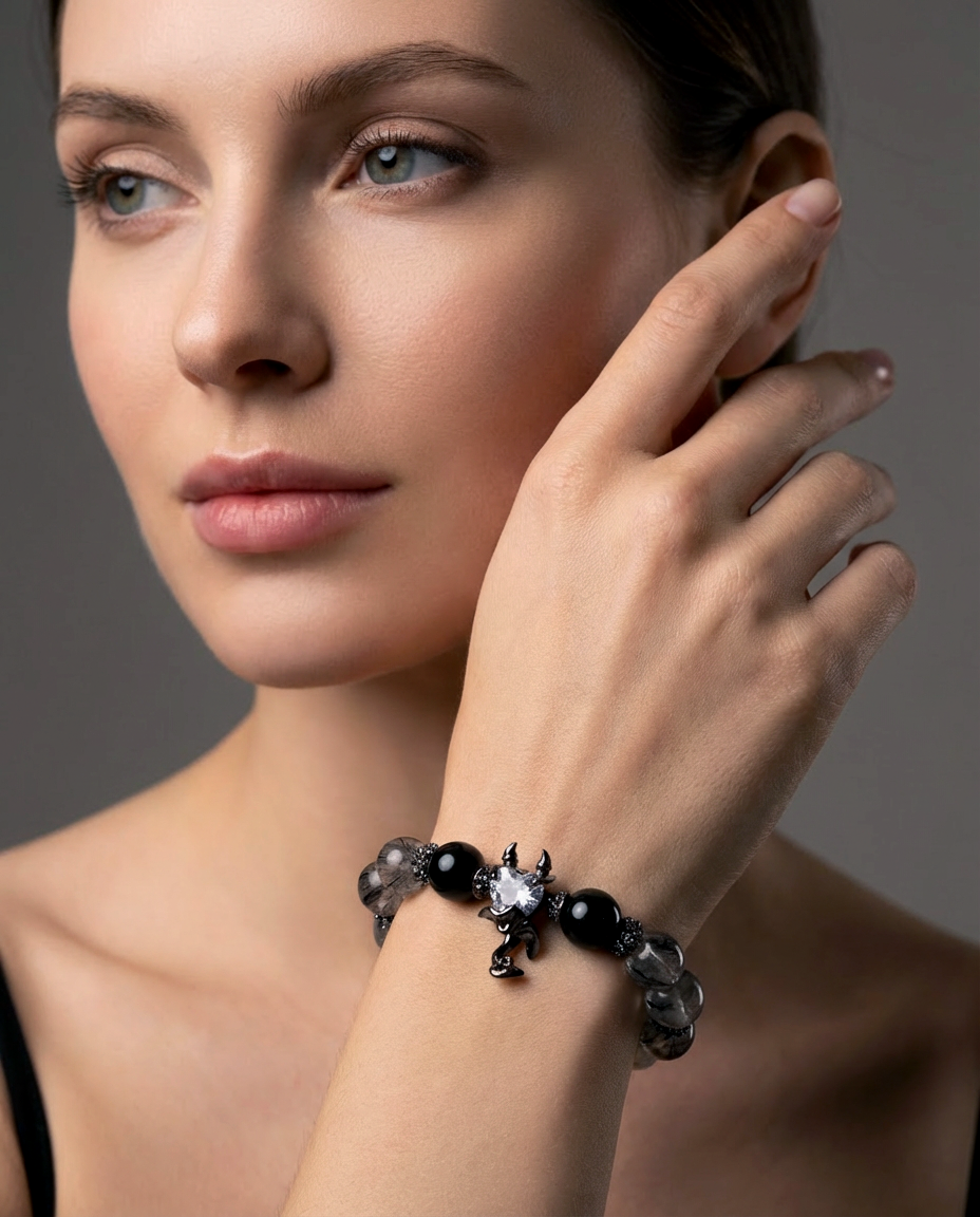 Devil’s Heart Bracelet – Obsidian, Gray Moonstone & Black Rutilated Quartz