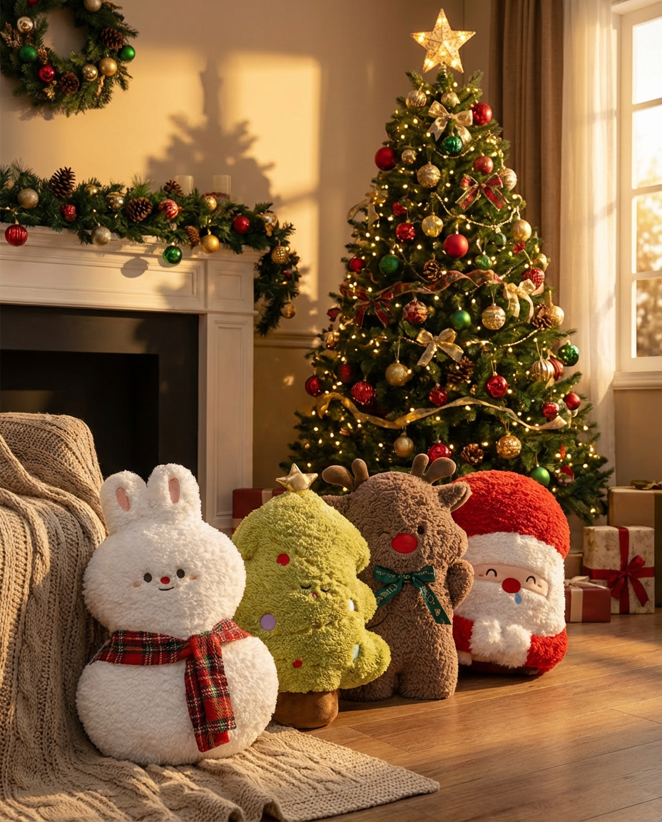 Christmas Plush Pillow Decor – Santa, Christmas Tree, Reindeer & Bunny Cushions