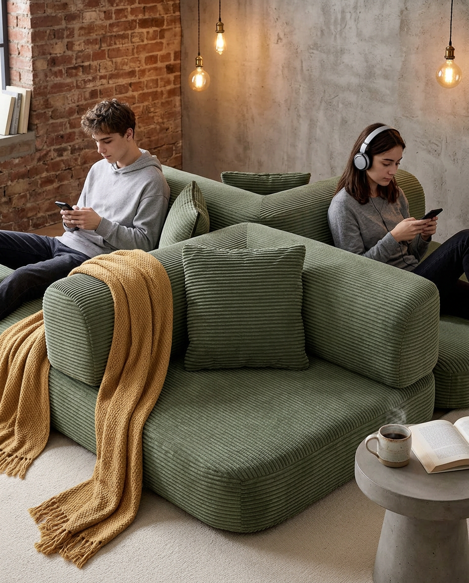 Olive Corduroy Modular Lounge Sofa Bed
