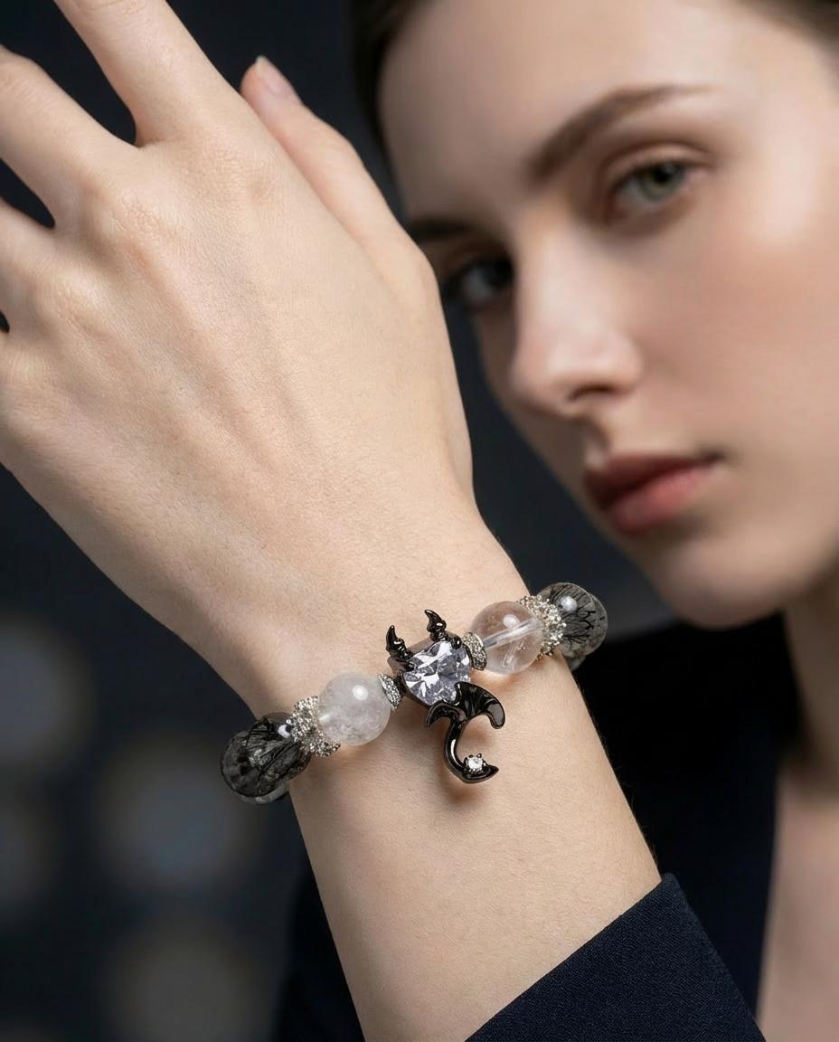 Devil’s Heart Bracelet – White Phantom Quartz & Gray Moonstone