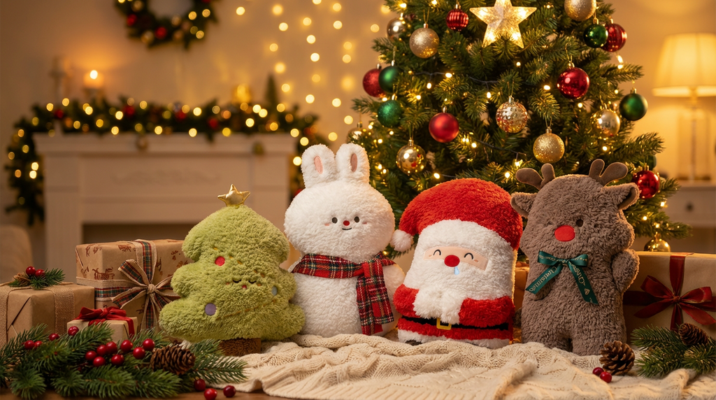 Christmas Plush Pillow Decor – Santa, Christmas Tree, Reindeer & Bunny Cushions