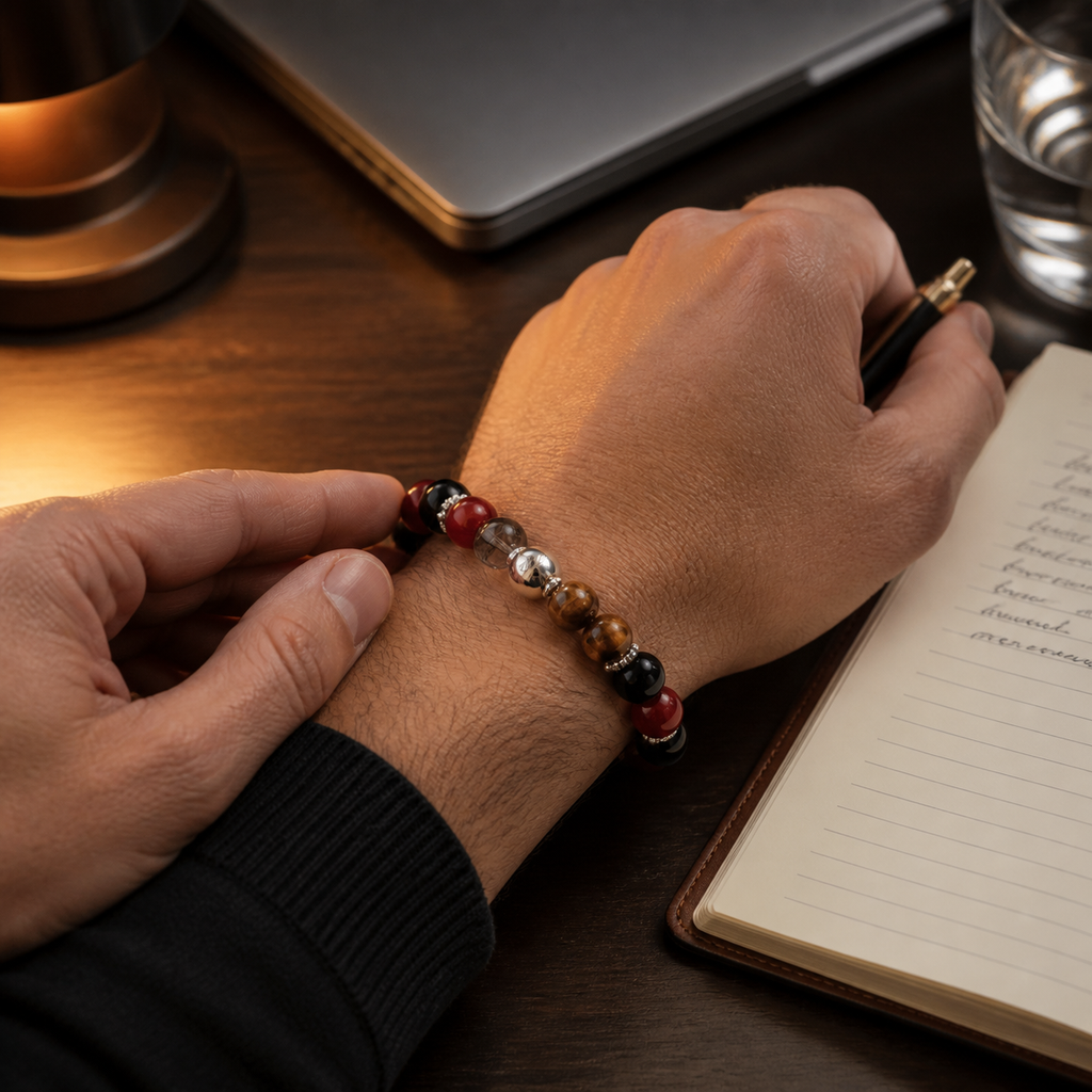 Root Chakra Bracelet worn during a quiet nighttime journaling ritual