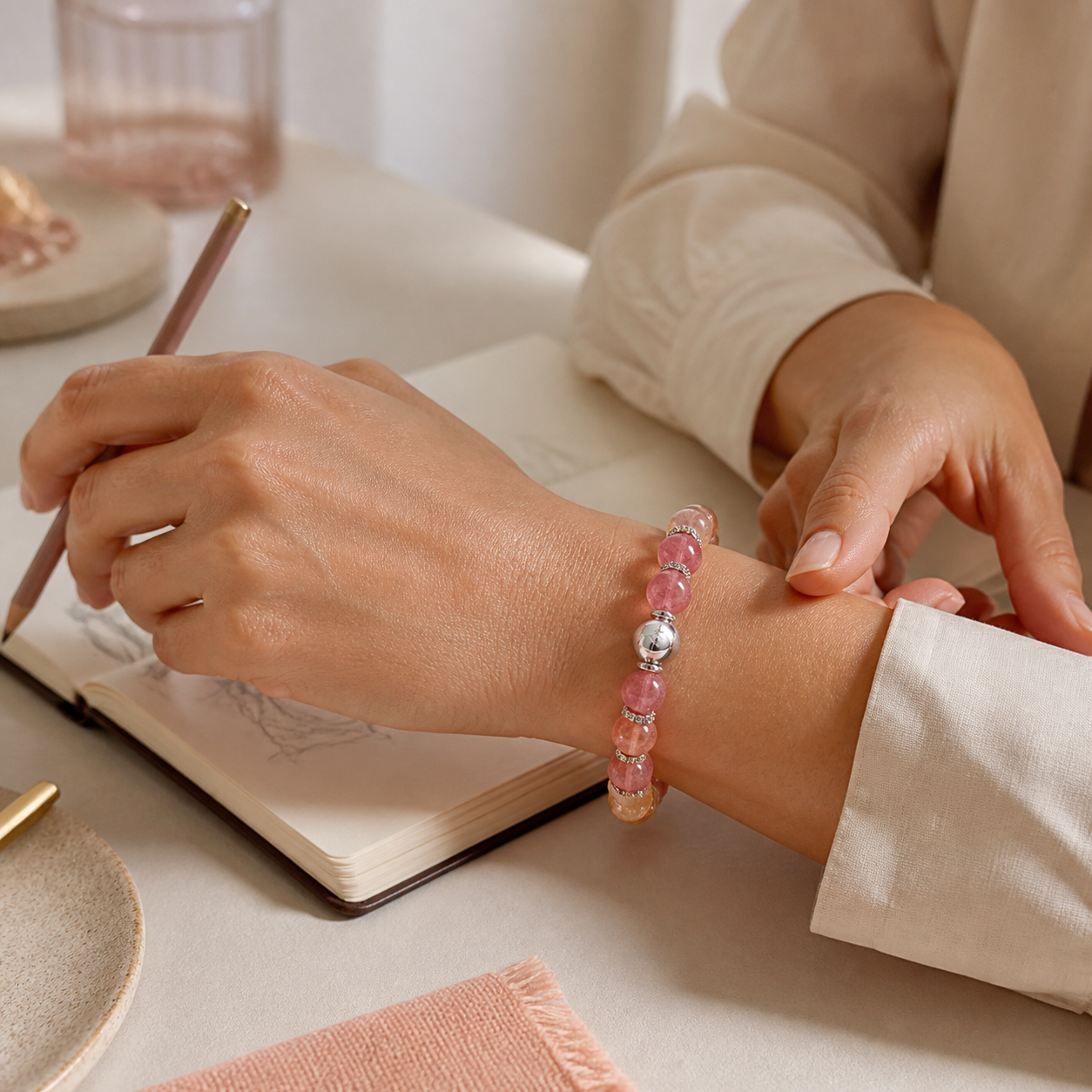 Sacral Chakra Bracelet worn at a calm creative workspace