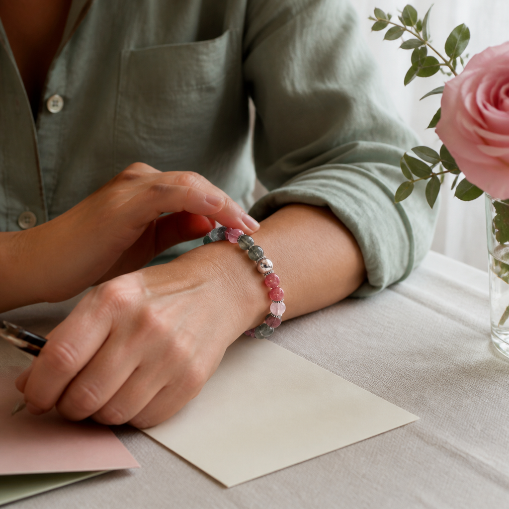 Heart Chakra Bracelet worn while writing a thoughtful note