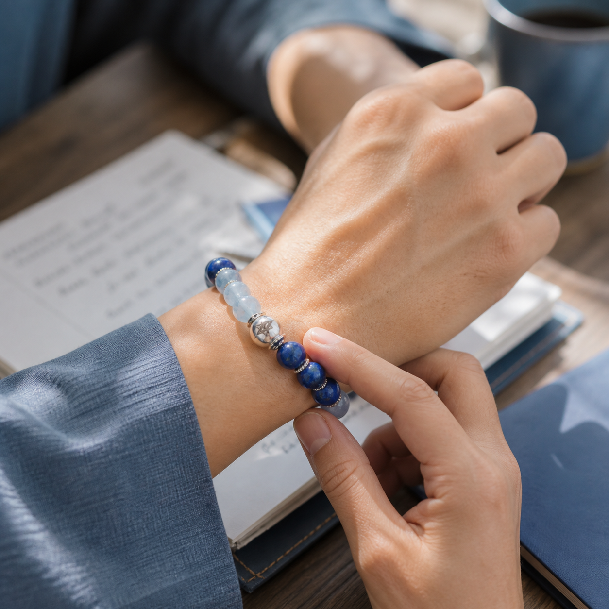 Throat Chakra Bracelet worn while preparing speaking notes