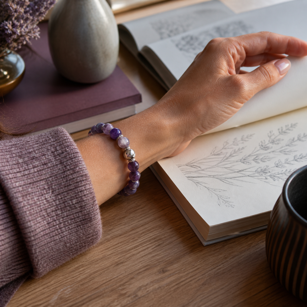 Third Eye Chakra Bracelet worn during a quiet sketchbook reflection
