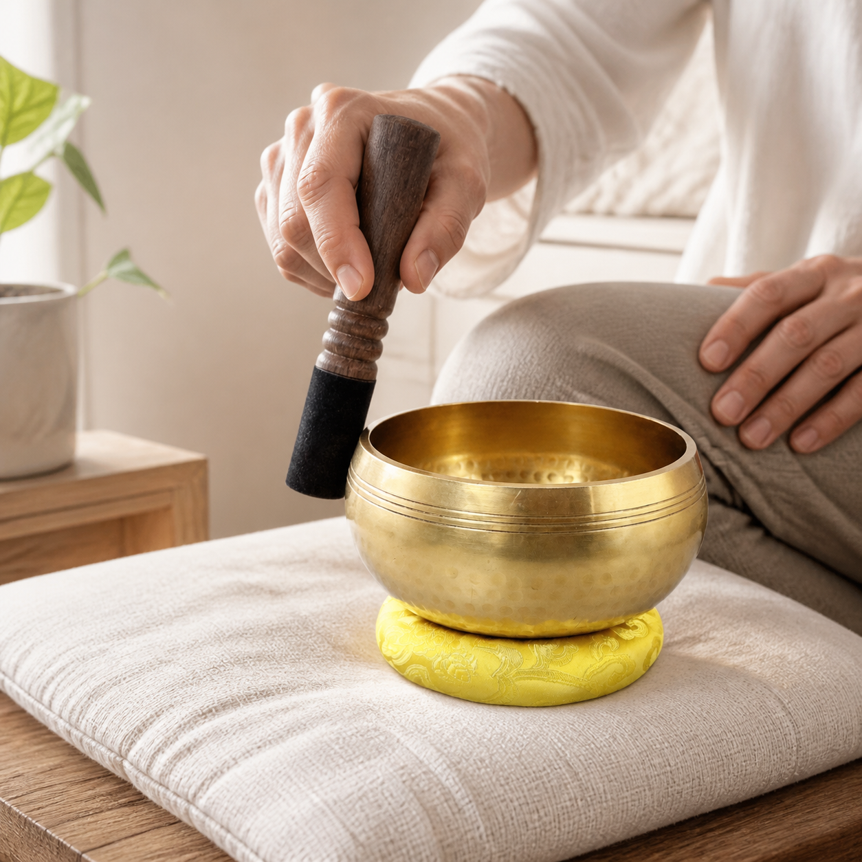 Nepalese copper singing bowl used in a calm home ritual