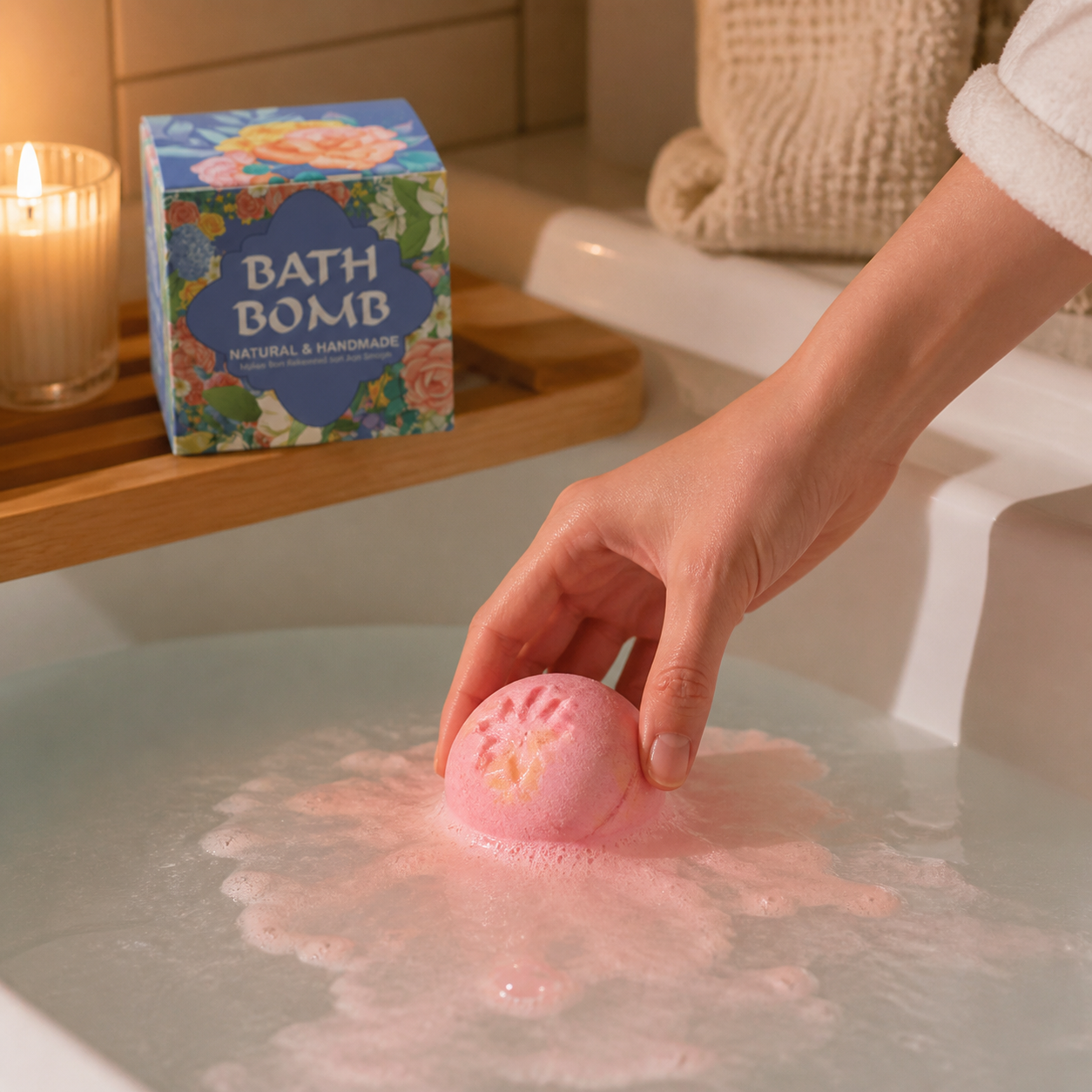 Floral bath bomb placed into a warm evening bath