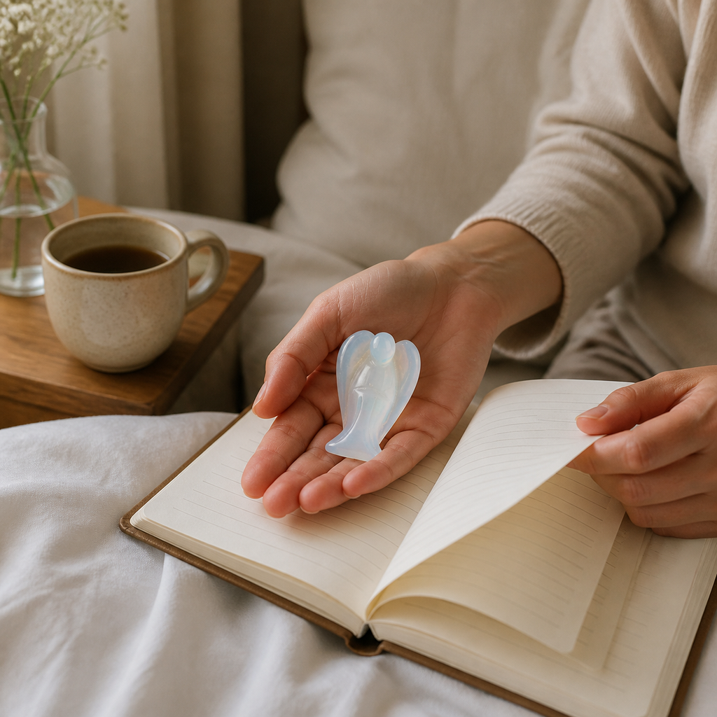 Guardian angel crystal held above a personal journal