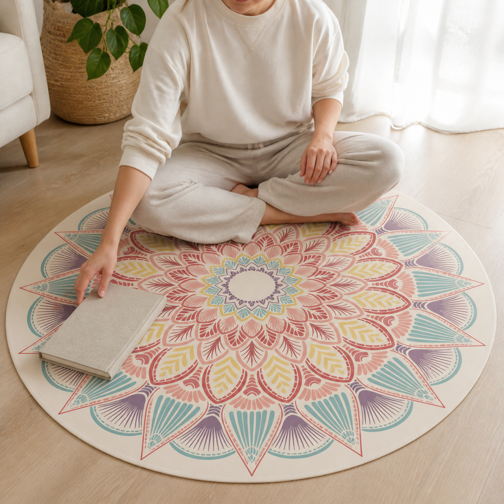 Lotus mandala meditation carpet used in a bright home calm corner