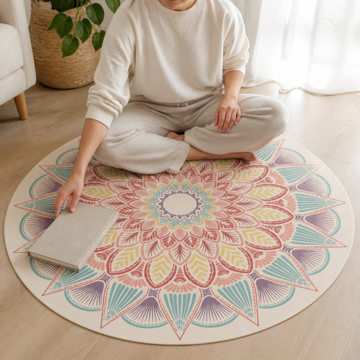 Lotus mandala meditation carpet used in a bright home calm corner