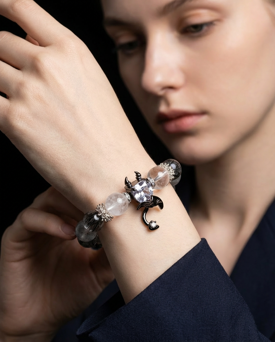 Devil’s Heart Bracelet – White Phantom Quartz & Gray Moonstone