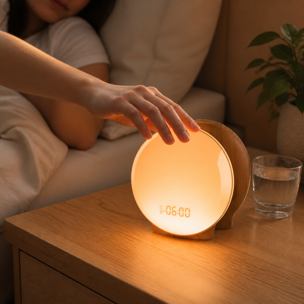 Sunrise alarm clock tapped during a gentle morning wake-up