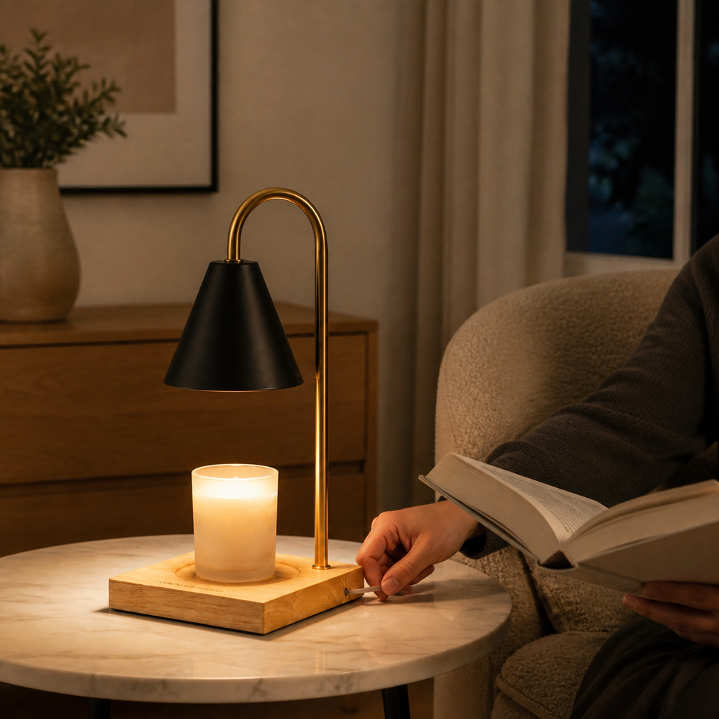Candle warmer lamp adjusted during evening reading