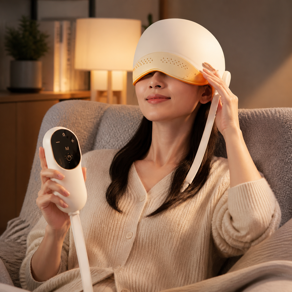 Heated scalp massage helmet adjusted during an evening reset