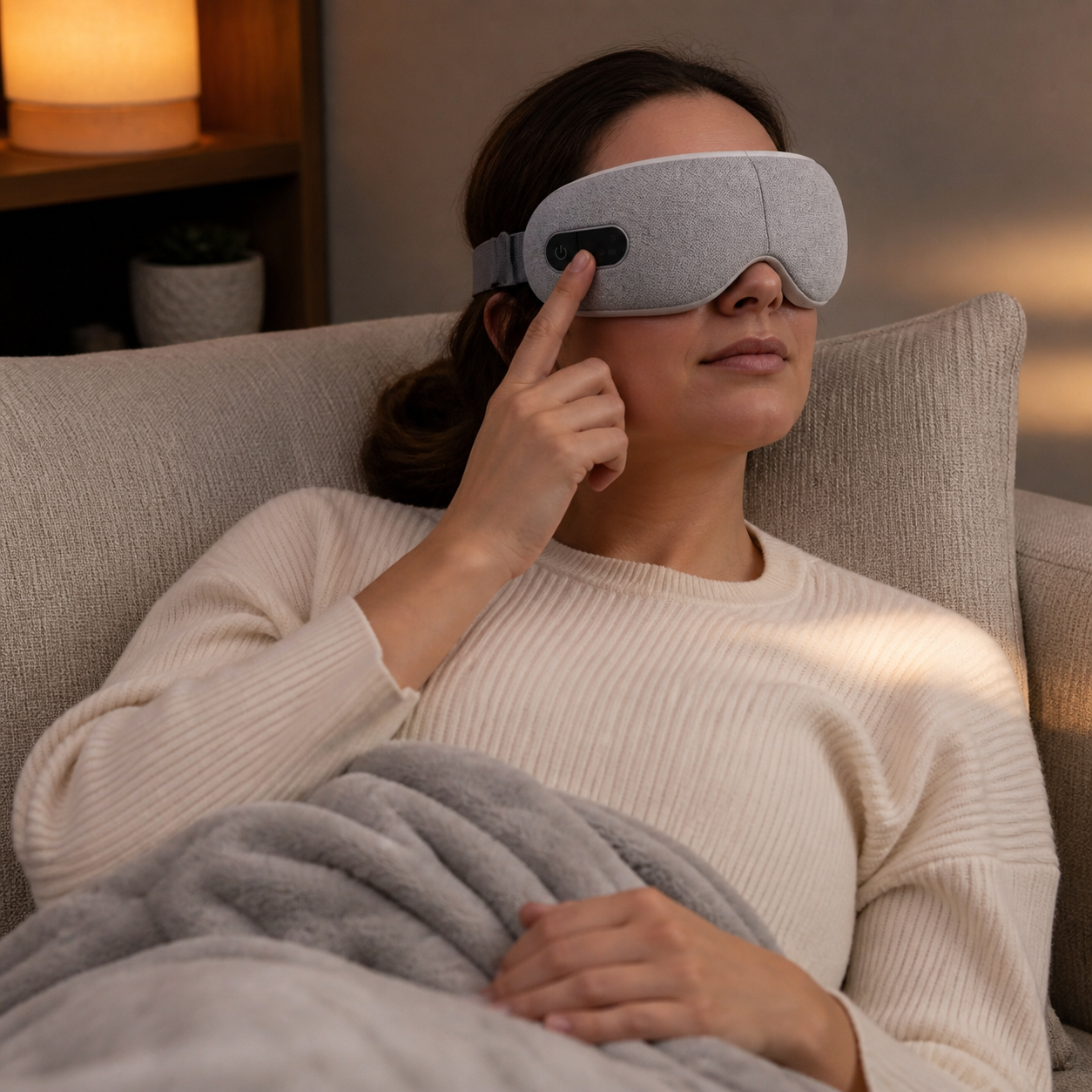 Grey heated eye massager adjusted during evening wind-down