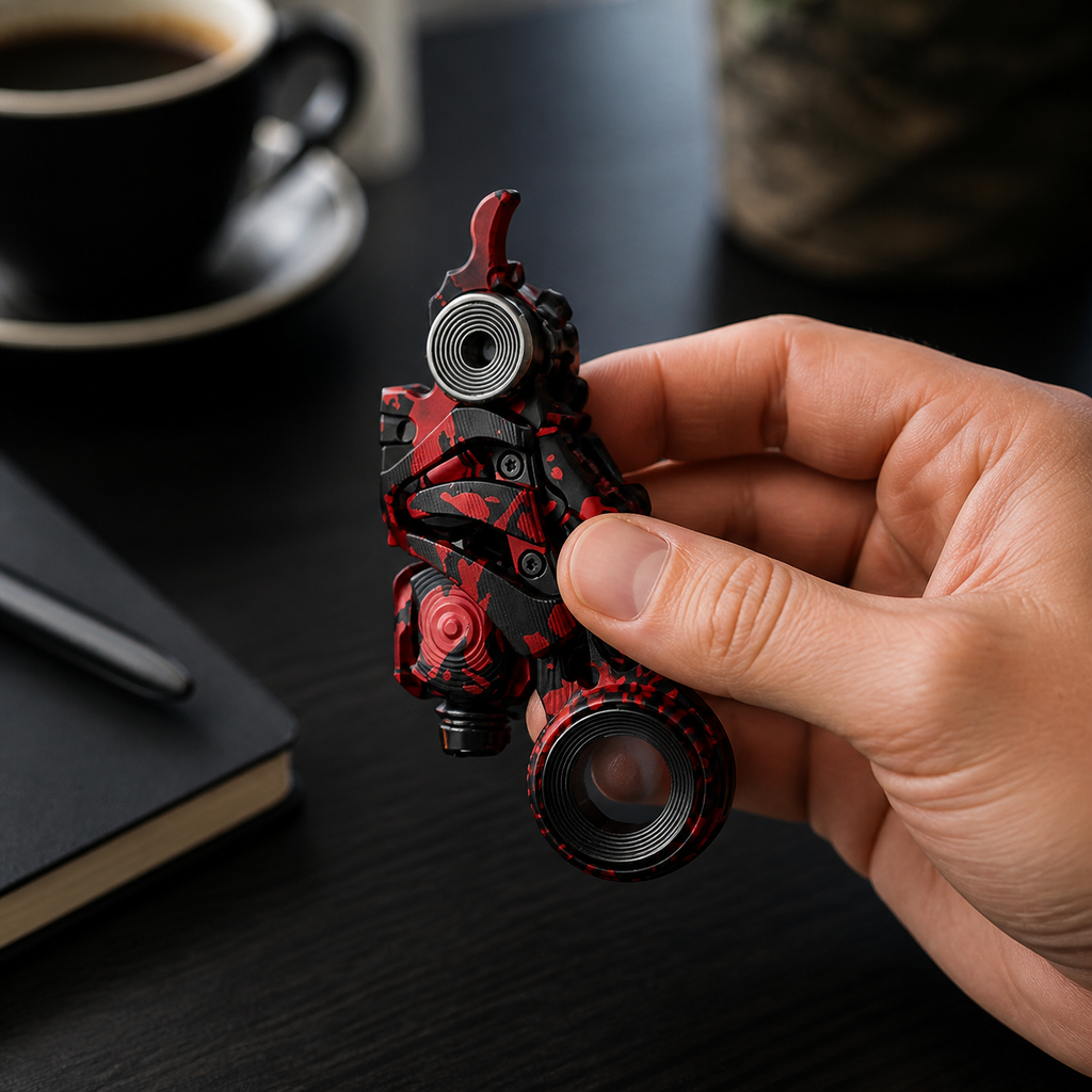 Red and black mechanical fidget slider used between meetings