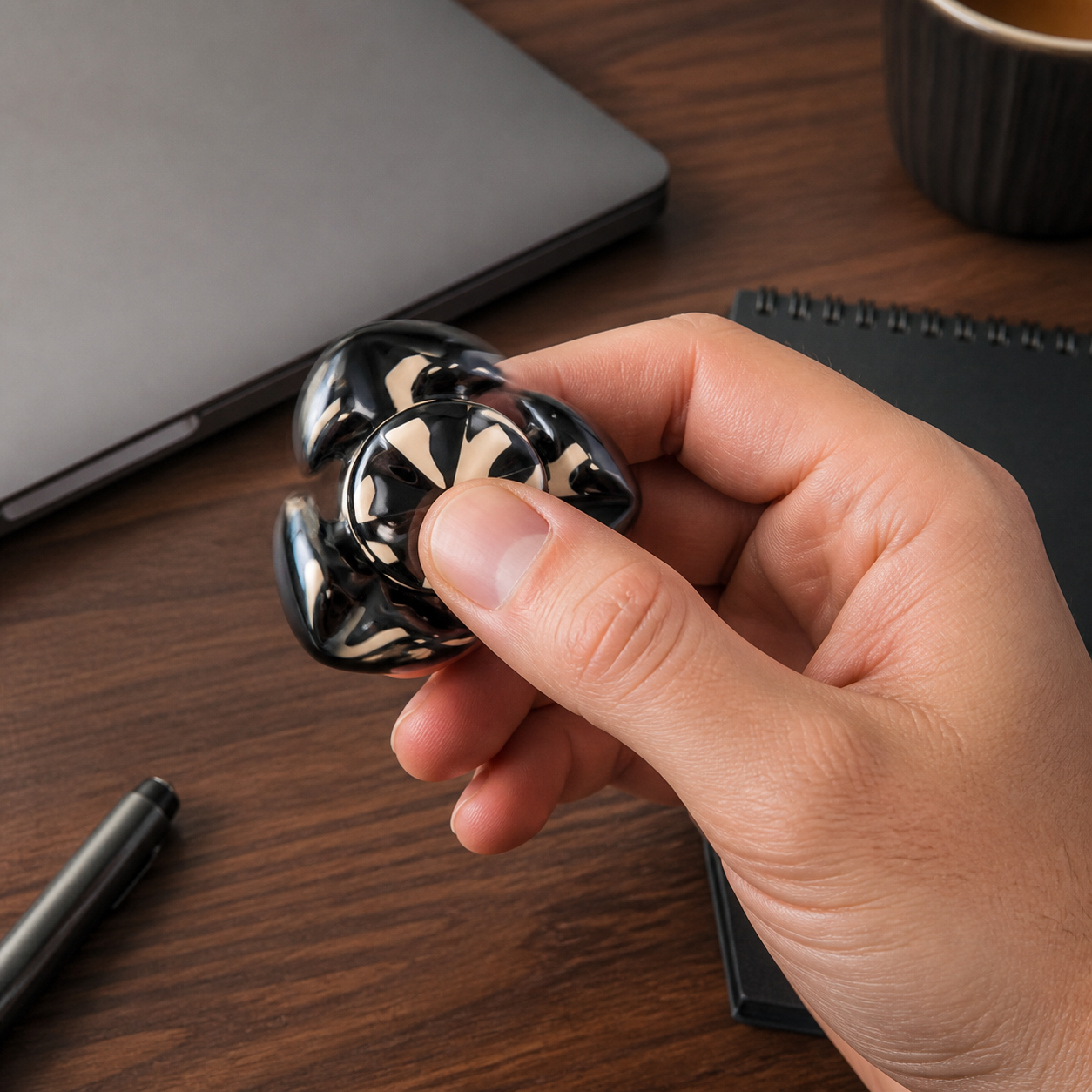 Black magnetic fidget spinner operated during a workday pause
