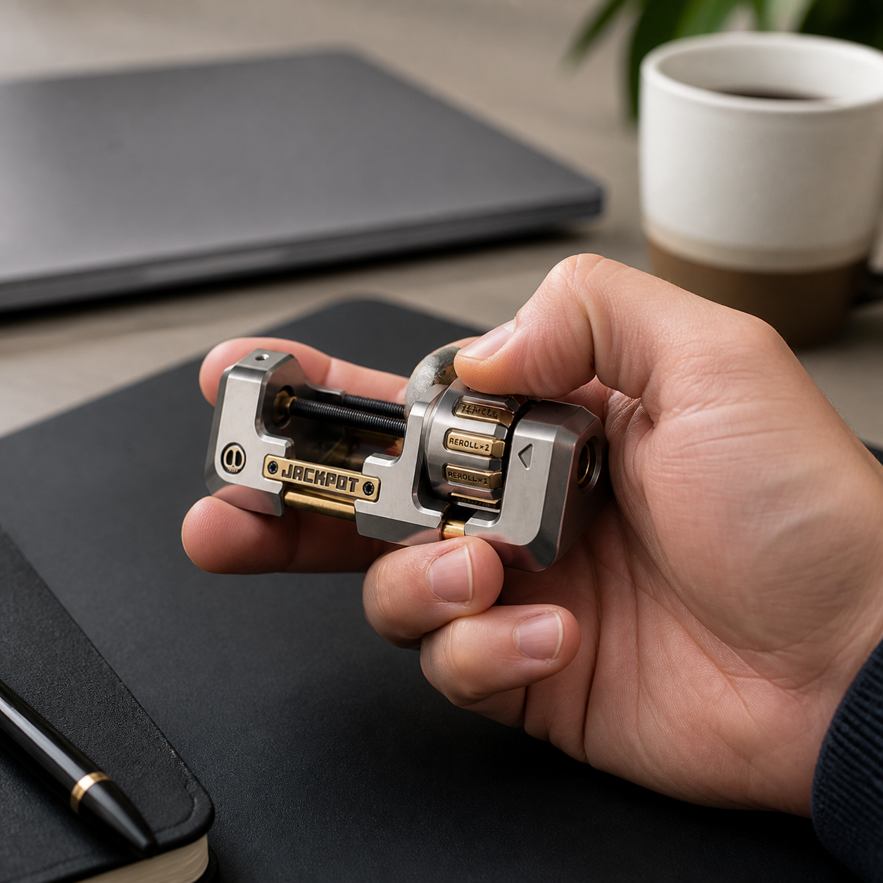 Stainless steel and brass ratchet fidget used at a desk