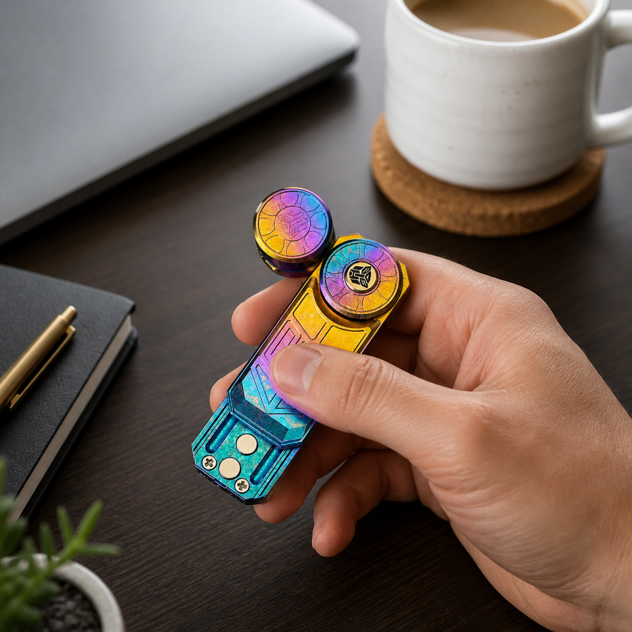 Rainbow Harley mechanical fidget slider used at a desk
