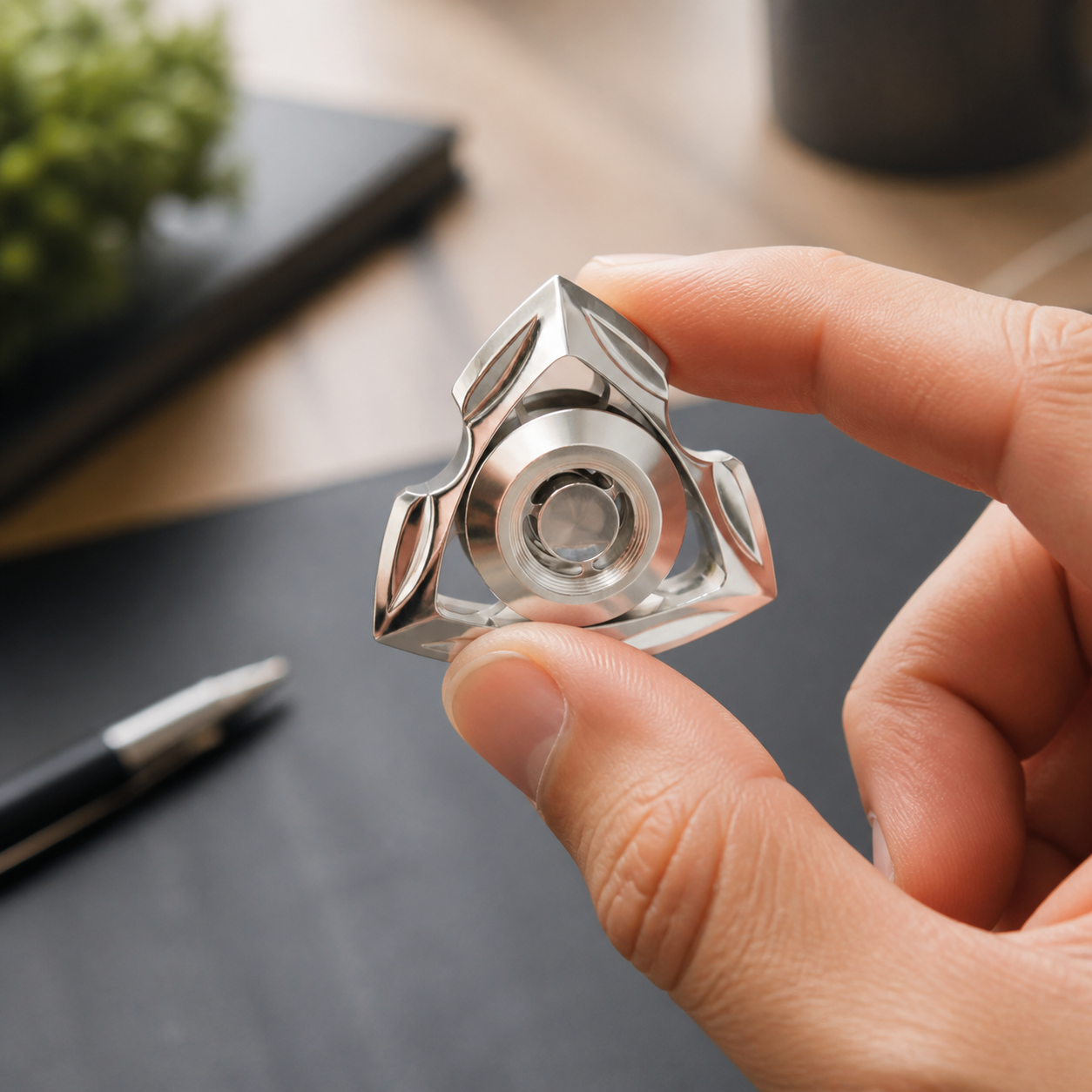 Polished fingertip gyroscope spinner balanced at a desk