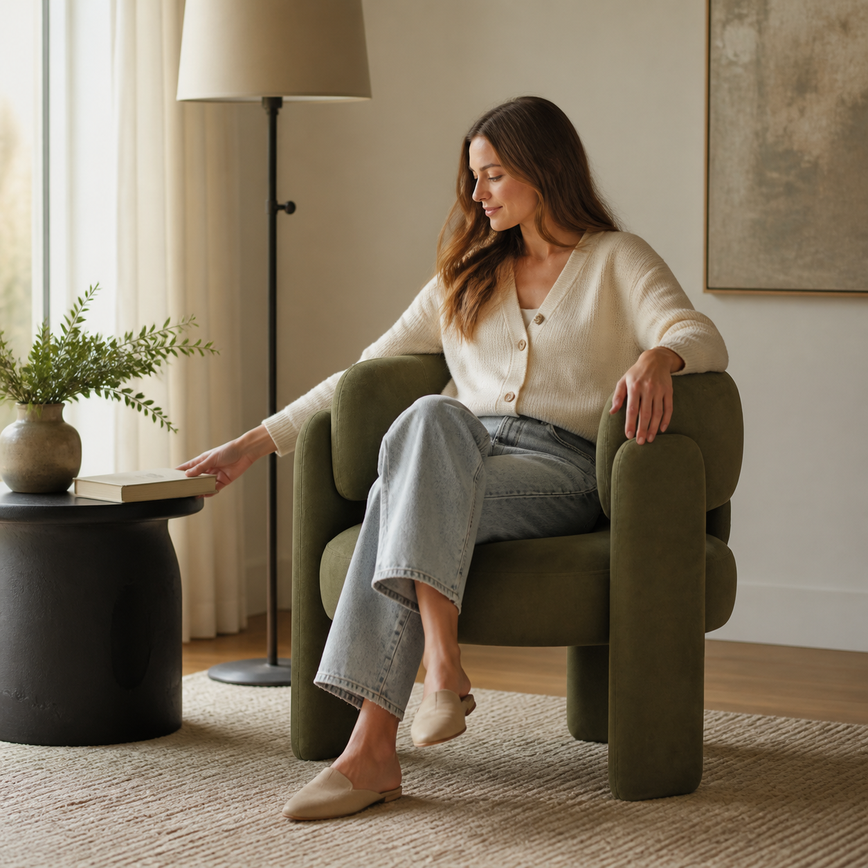 Olive accent chair used in a warm home calm corner