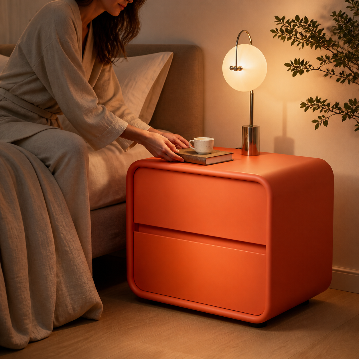 Soft Calm Bedside Table evening lifestyle scene