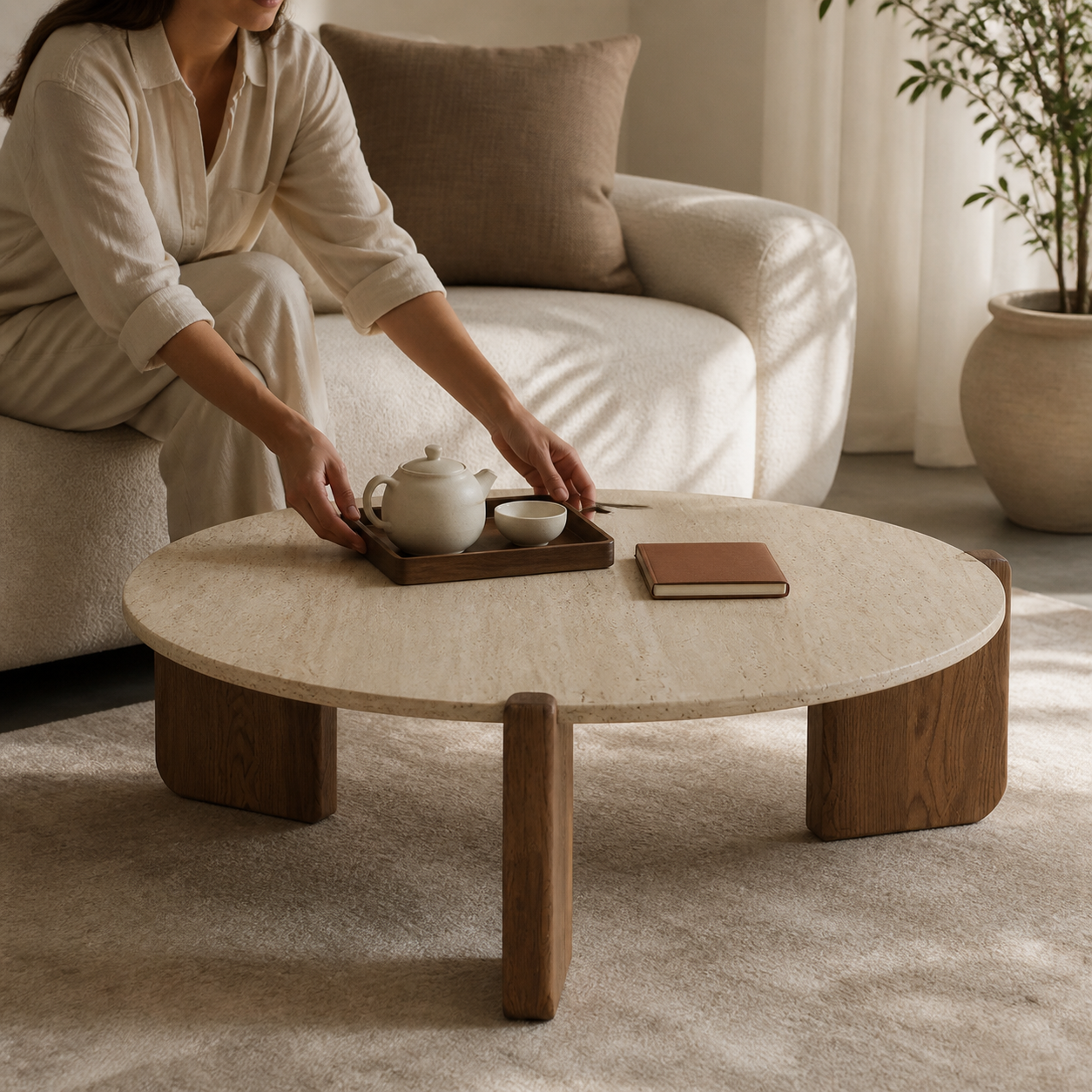 Round Travertine-Look Coffee Table calm living scene