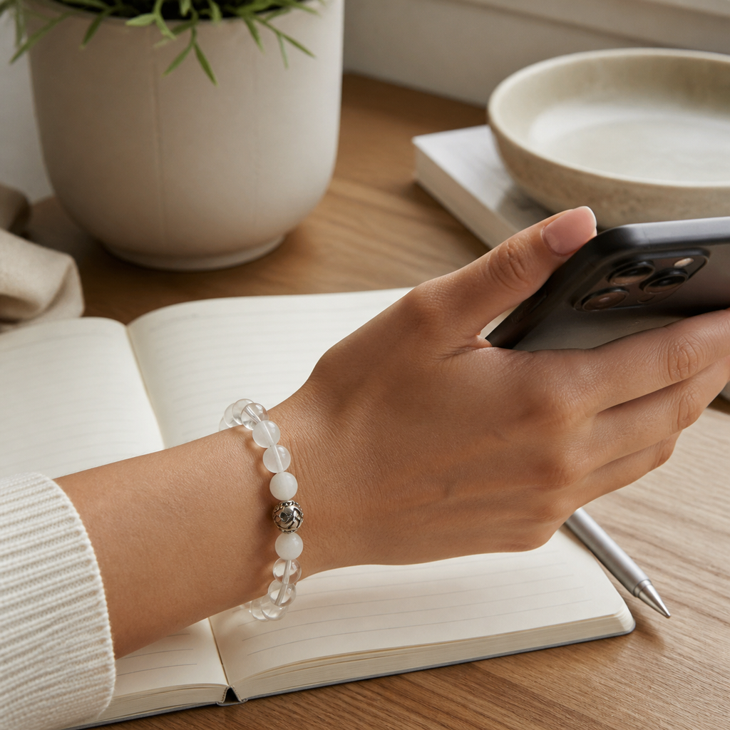 NFC Clear Quartz White Cat Eye Bracelet interaction scene