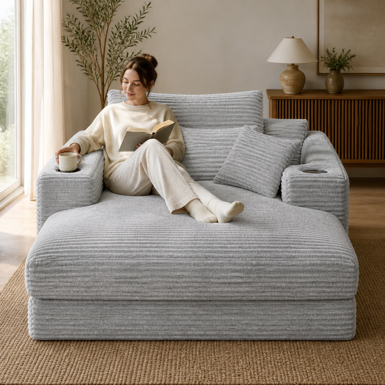 Upholstered Beauty Sofa reading scene