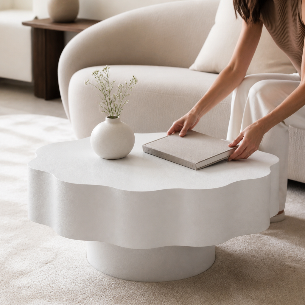 Scalloped White Beauty Coffee Table styling scene