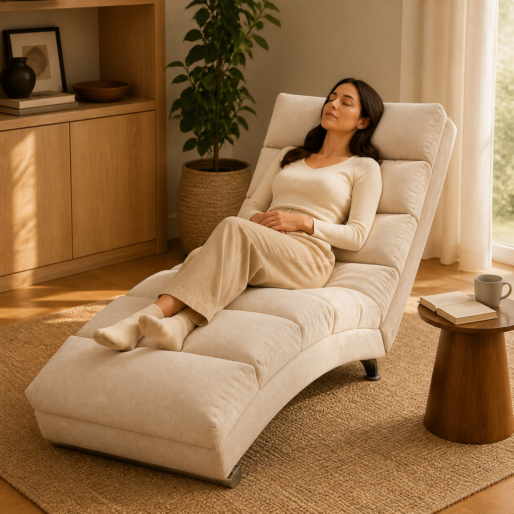 Fabric Beauty Chaise Lounge Sofa in a quiet restorative pause