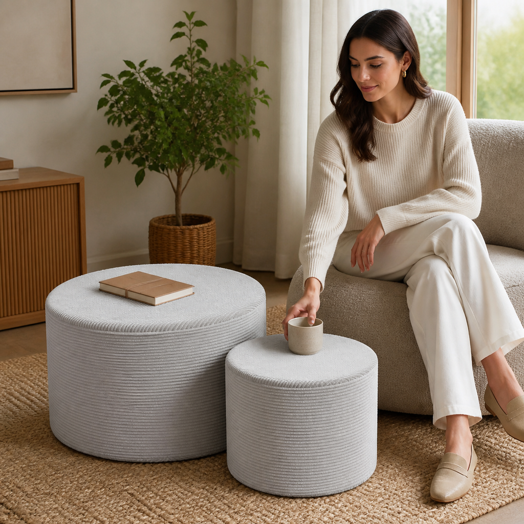 Wood Balance End Tables in a mindful living room moment
