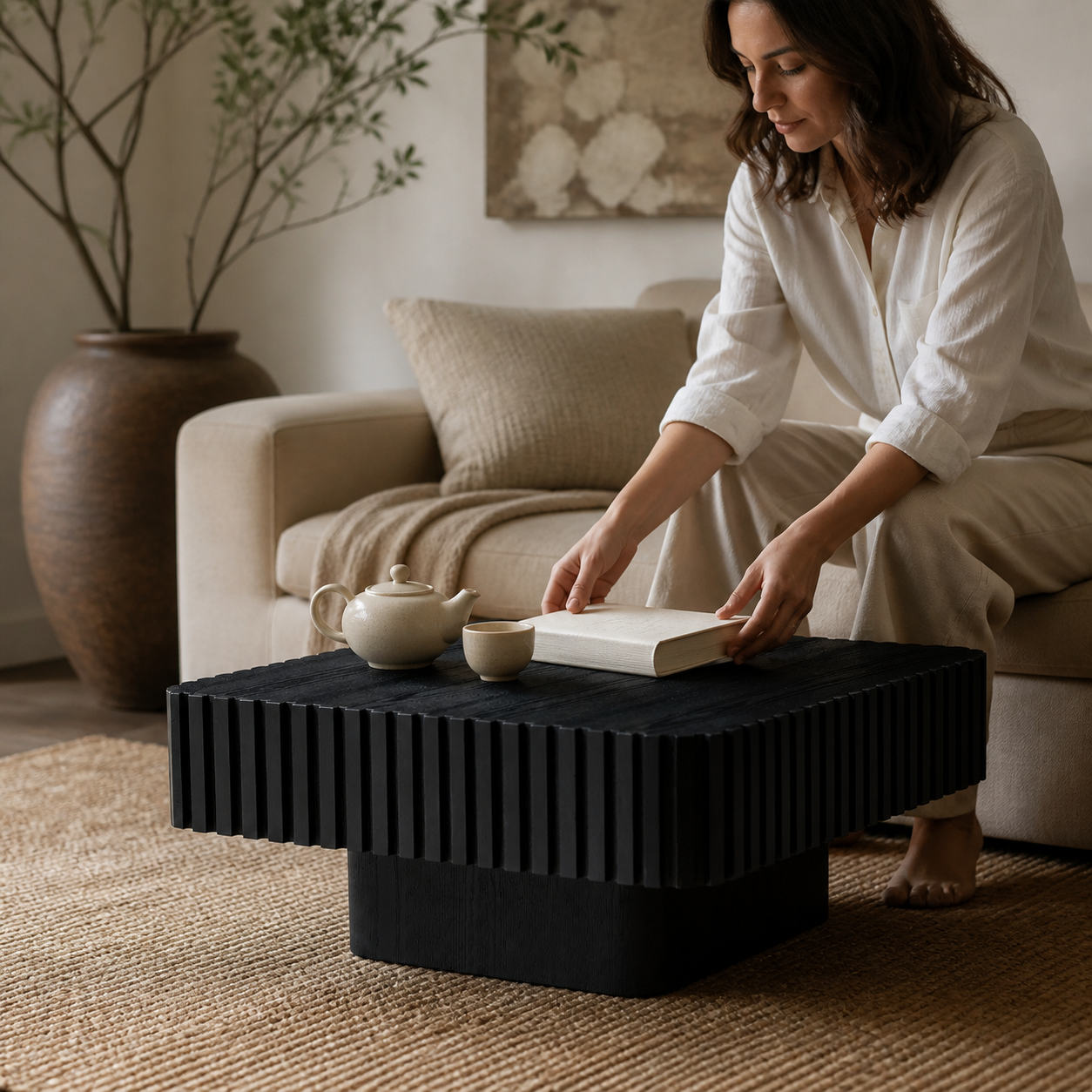 Wood Beauty Coffee Table in a quiet tea and reading moment