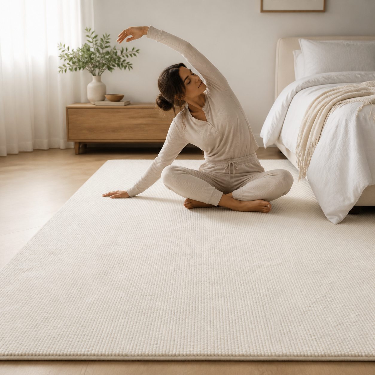 French Cream Balance Area Rug used for a gentle morning stretch