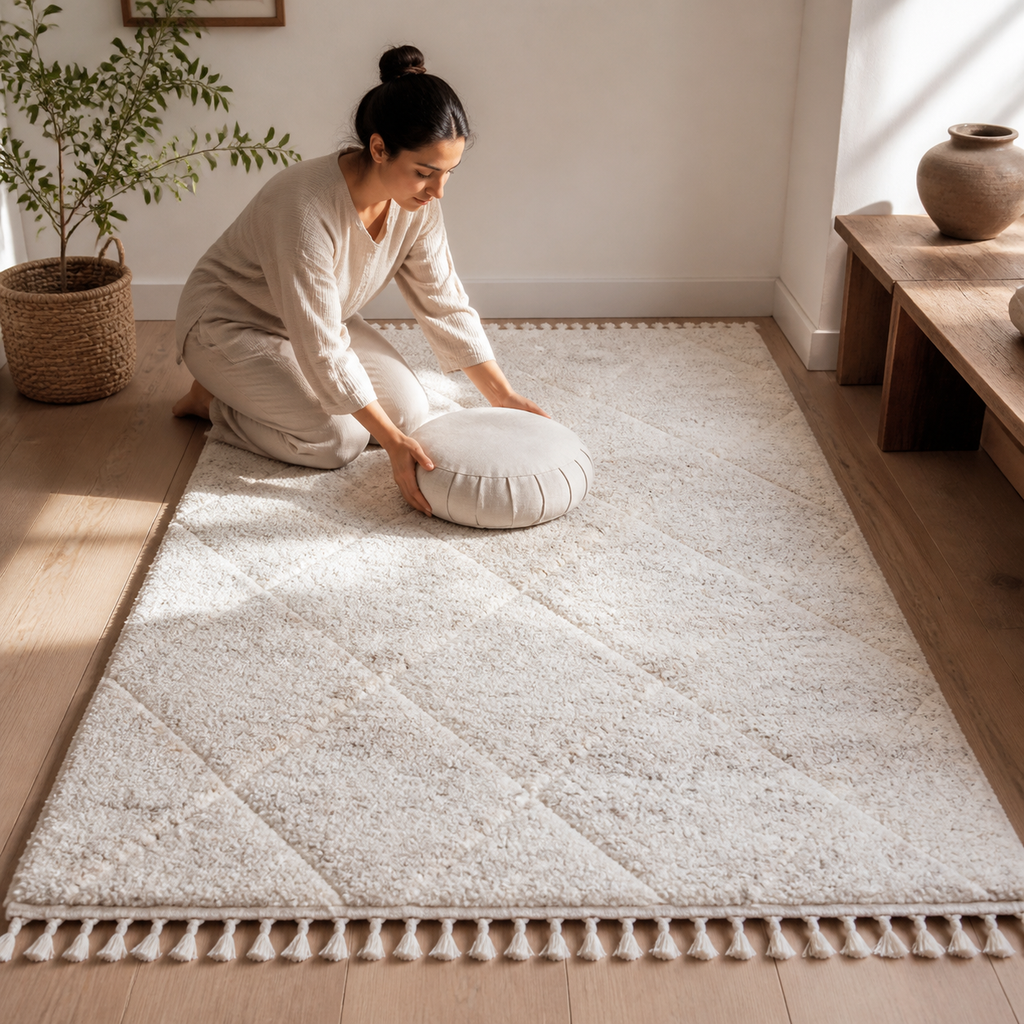 Moroccan Diamond Balance Area Rug prepared for journaling
