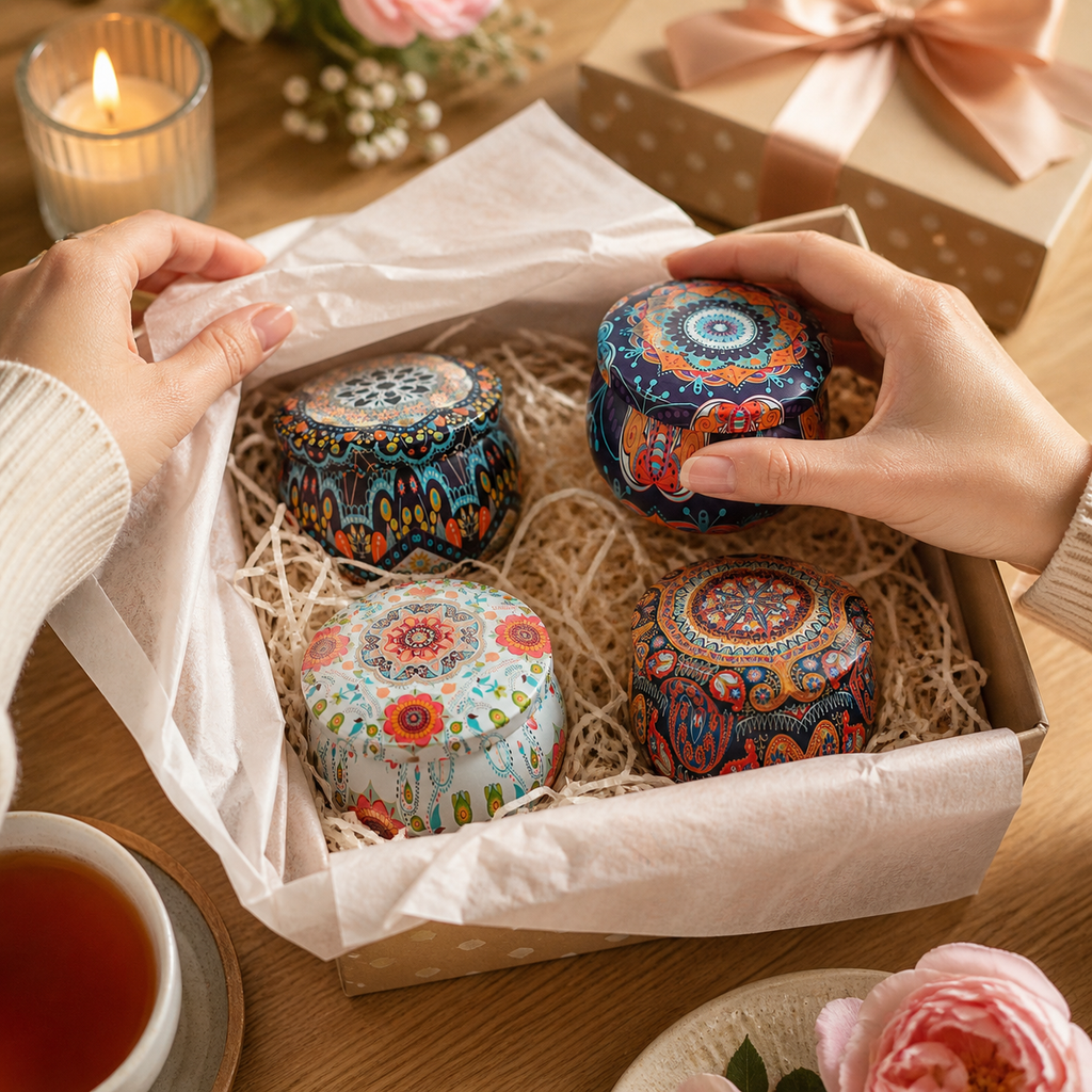 Four-Scent Soy Wax Candle Gift Set being opened as a thoughtful gift