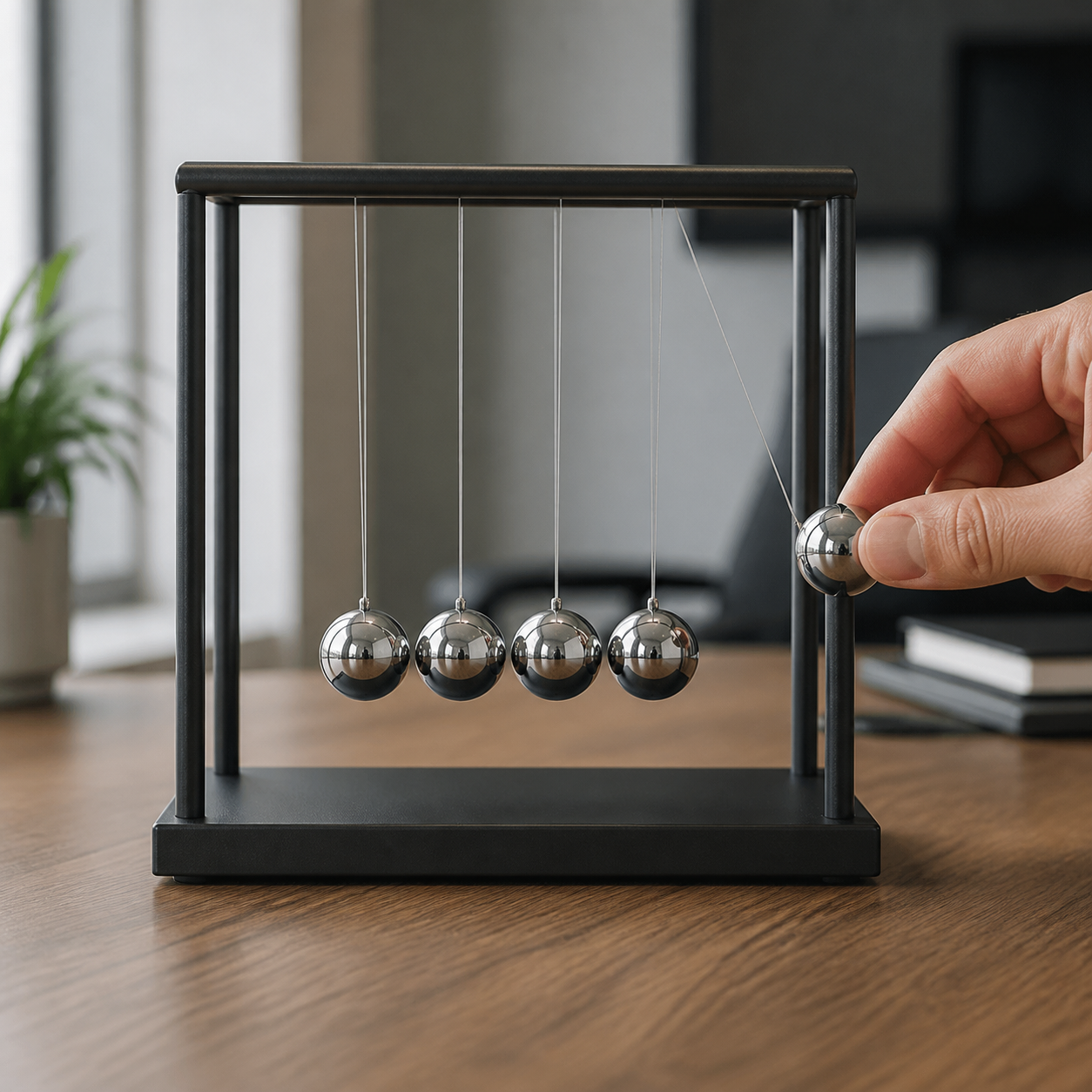 Newtons Cradle Balance Desk Toy used for a between-meetings reset