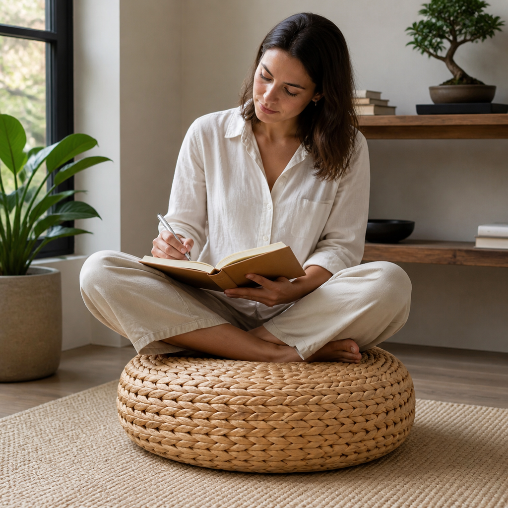 Water Hyacinth Meditation Floor Cushion used for reflective journaling