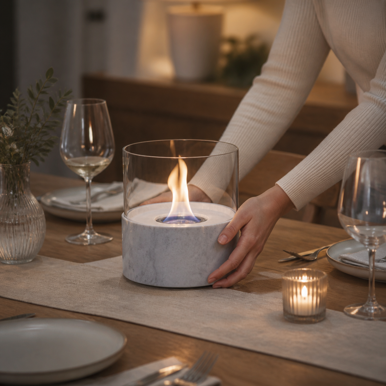 Round Tabletop Ethanol Fireplace styled for an intimate evening