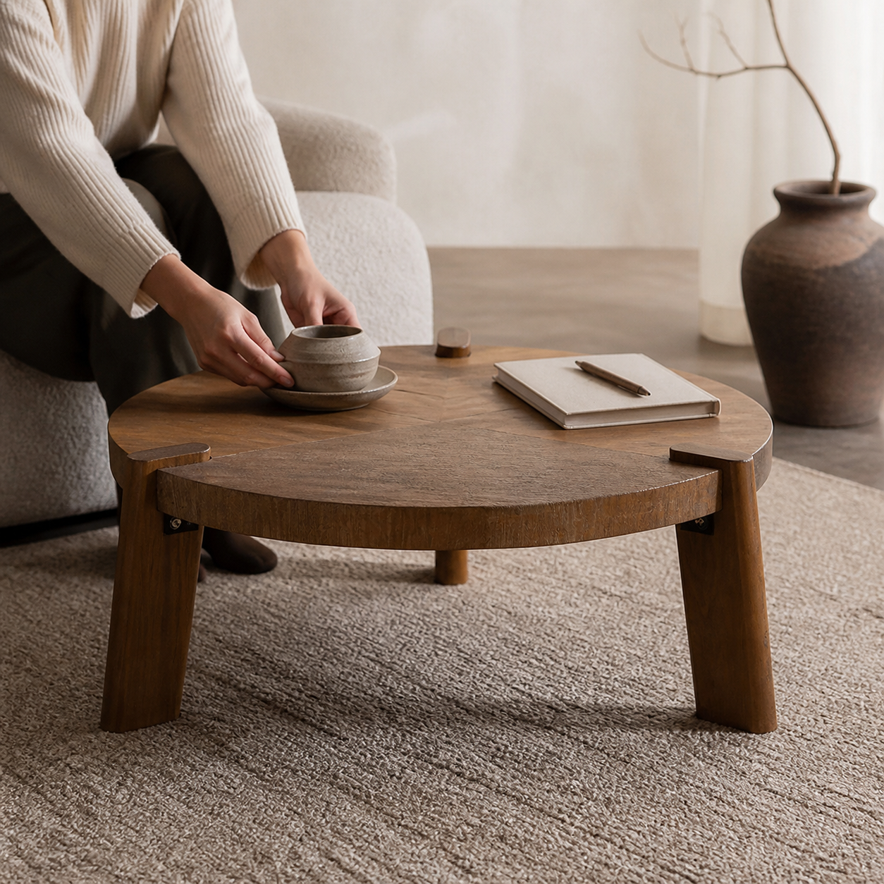 Wabi-Sabi Natural Wood Coffee Table used for a mindful tea pause