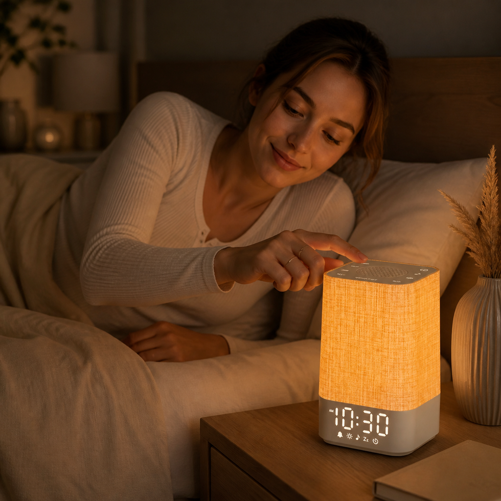 Sunrise Wake-Up Light and White Noise Clock used for bedtime wind-down