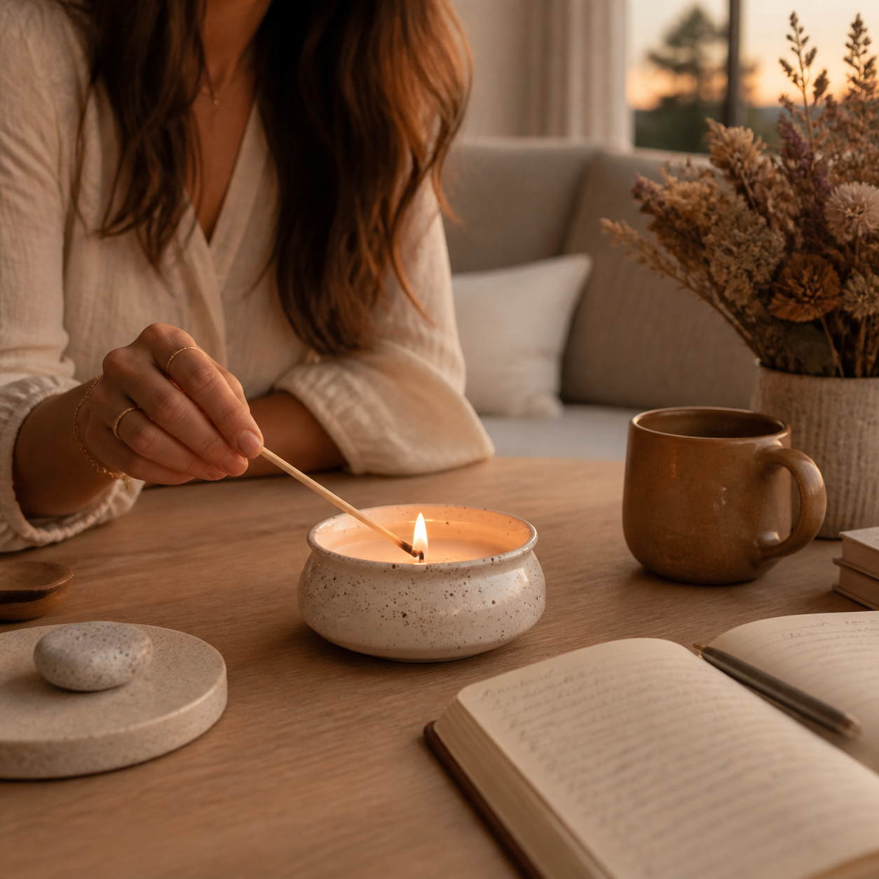 Terra Luna Ceramic Soy Candle Bowl lit before journaling